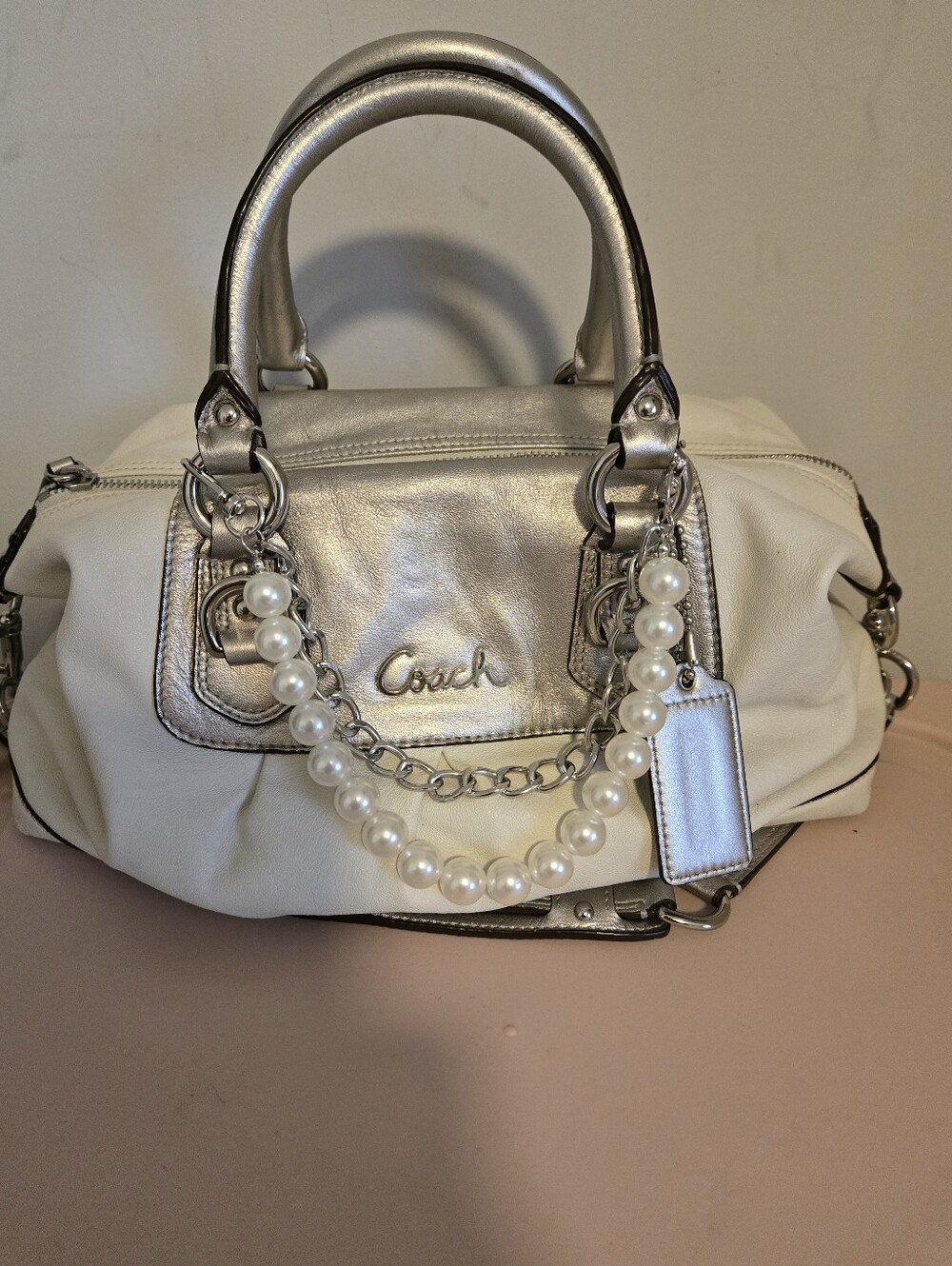Coach White Shoulder Bag with Silver Pearl & Chain Accents
